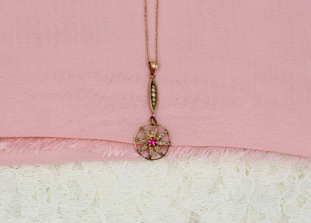 10K Rose Gold Victorian Seed Pearl and Ruby Lavalier Floral Necklace