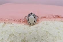 Load image into Gallery viewer, Vintage 14K White Gold Oval Opal and Diamond Halo Ring
