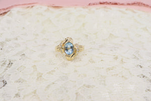 Vintage 14K Yellow Gold Unique Oval Blue Topaz and Diamond Ring