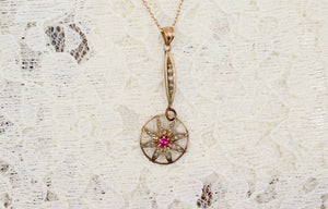 10K Rose Gold Victorian Seed Pearl and Ruby Lavalier Floral Necklace