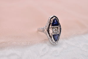 14K White Gold Vintage Art Deco Sapphire & Old European Cut Diamond Engagement Ring