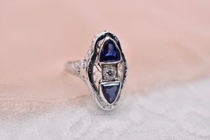 14K White Gold Vintage Art Deco Sapphire & Old European Cut Diamond Engagement Ring