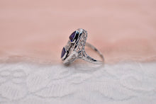 Load image into Gallery viewer, 14K White Gold Vintage Art Deco Sapphire &amp; Old European Cut Diamond Engagement Ring
