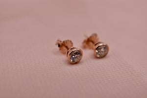 14K Rose Gold Simple Round Bezel Diamond Stud Earrings Pushback Posts