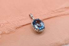 Load image into Gallery viewer, 10K White Gold Vintage Oval Swiss Blue Topaz Halo Necklace
