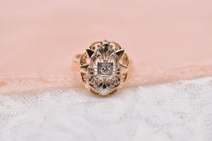 Vintage Art Deco 14K Yellow Gold & Platinum Filigree Diamond Shield Style Ring