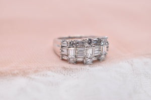 Vintage 14K White Gold Unique Baguette and Round Diamond Three Row Cocktail Ring