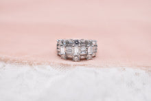 Load image into Gallery viewer, Vintage 14K White Gold Unique Baguette and Round Diamond Three Row Cocktail Ring
