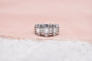 Vintage 14K White Gold Unique Baguette and Round Diamond Three Row Cocktail Ring
