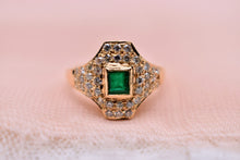 Load image into Gallery viewer, 18K Yellow Gold Vintage Emerald &amp; Diamond Geometric Ring
