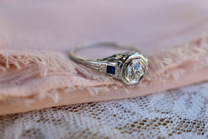 18K White Gold Vintage Art Deco Sapphire Accented Diamond Engagement Ring
