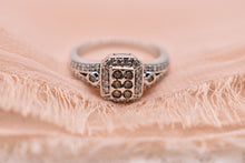 Load image into Gallery viewer, Vintage 14K White Gold Chocolate &amp; White Diamond Cluster Halo Ring
