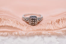 Load image into Gallery viewer, Vintage 14K White Gold Chocolate &amp; White Diamond Cluster Halo Ring

