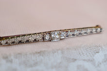 Load image into Gallery viewer, Vintage Art Deco 14K Yellow &amp; White Gold Three Stone Diamond Brooch
