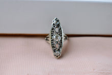 Load image into Gallery viewer, Vintage Art Nouveau 14K White Gold Three Stone Old Mine Cut Navette Ring
