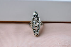 Vintage Art Nouveau 14K White Gold Three Stone Old Mine Cut Navette Ring