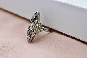 Vintage Art Nouveau 14K White Gold Three Stone Old Mine Cut Navette Ring