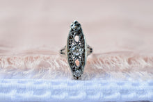 Load image into Gallery viewer, Vintage Art Nouveau 14K White Gold Three Stone Old Mine Cut Navette Ring
