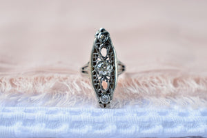Vintage Art Nouveau 14K White Gold Three Stone Old Mine Cut Navette Ring
