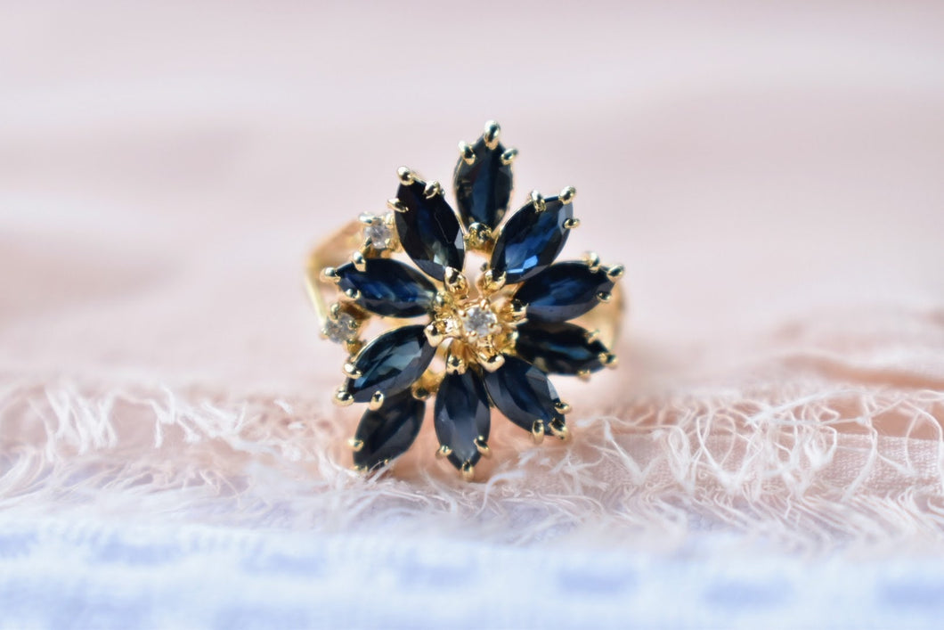 Vintage 14K Yellow Gold Sapphire and Diamond Cocktail Statement Ring