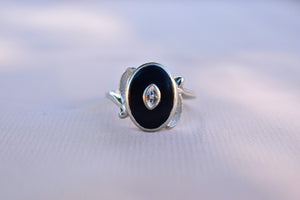 Vintage 10K White Gold Geometric Black Onyx and Diamond Ring