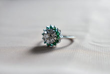 Load image into Gallery viewer, 14K White Gold Vintage Emerald &amp; Diamond Double Halo Ring
