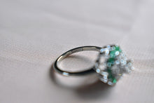 Load image into Gallery viewer, 14K White Gold Vintage Emerald &amp; Diamond Double Halo Ring
