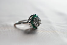 Load image into Gallery viewer, 14K White Gold Vintage Emerald &amp; Diamond Double Halo Ring
