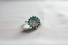 Load image into Gallery viewer, 14K White Gold Vintage Emerald &amp; Diamond Double Halo Ring
