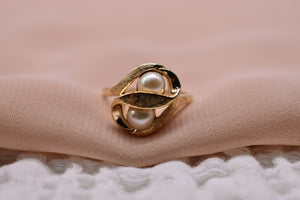 Vintage 14K Yellow Gold Double Pearl Artisan Ring
