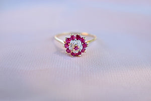 Vintage 10K Yellow Gold Ruby & Diamond Double Halo Ring
