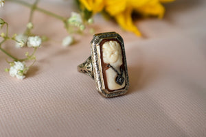 Rare Art Deco 14K White Gold Cameo Filigree Locket Ring