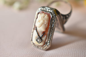Rare Art Deco 14K White Gold Cameo Filigree Locket Ring