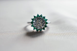 14K White Gold Vintage Emerald & Diamond Double Halo Ring