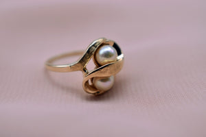 Vintage 14K Yellow Gold Double Pearl Artisan Ring