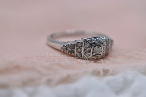 14K White Gold Vintage Inspired Cluster Square Halo Engagement Ring