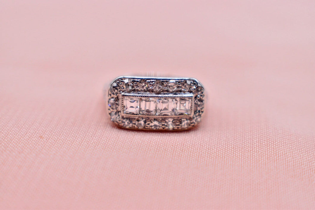 Vintage Art Deco Platinum Rectangle Halo Carre Diamond Engagement Ring
