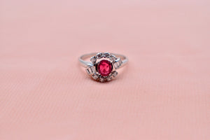 Vintage Art Deco Platinum Natural Ruby and Diamond Halo Ring
