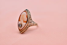 Load image into Gallery viewer, Vintage 14K White Gold Art Deco Filagree Shell Cameo &amp; Diamond Ring
