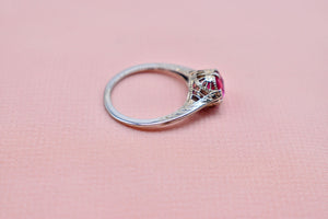 Vintage Art Deco 18K White Gold GIA Certified Lab Created Ruby Ring
