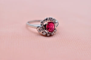 Vintage Art Deco Platinum Natural Ruby and Diamond Halo Ring