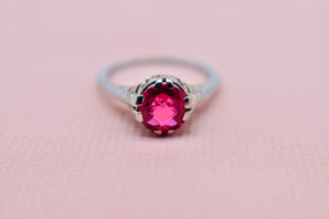 Vintage Art Deco 18K White Gold GIA Certified Lab Created Ruby Ring